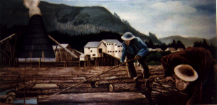 Detail of a mural showing logging operations around Honeymoon Bay
